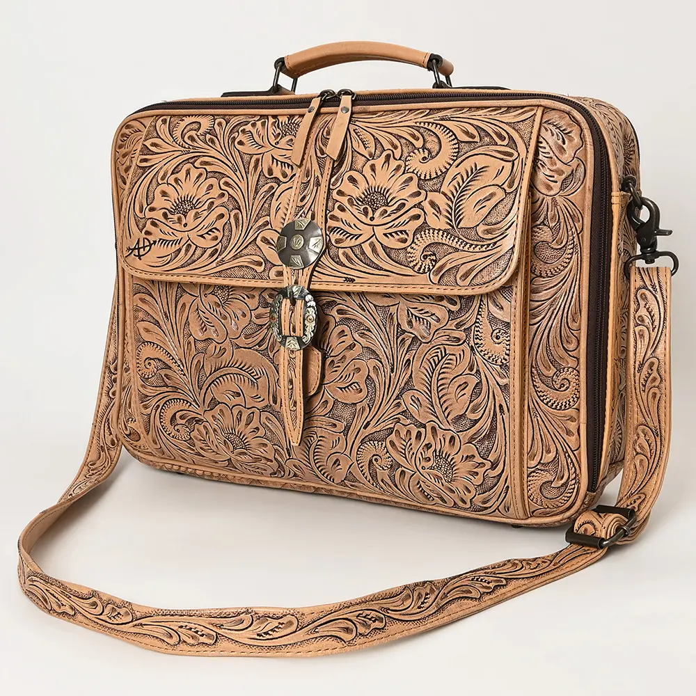 American Darling Western Laptop Briefcase Handcrafted from Hand Tooled Genuine Leather | Floral Carved & Concho Accent Work Bag
