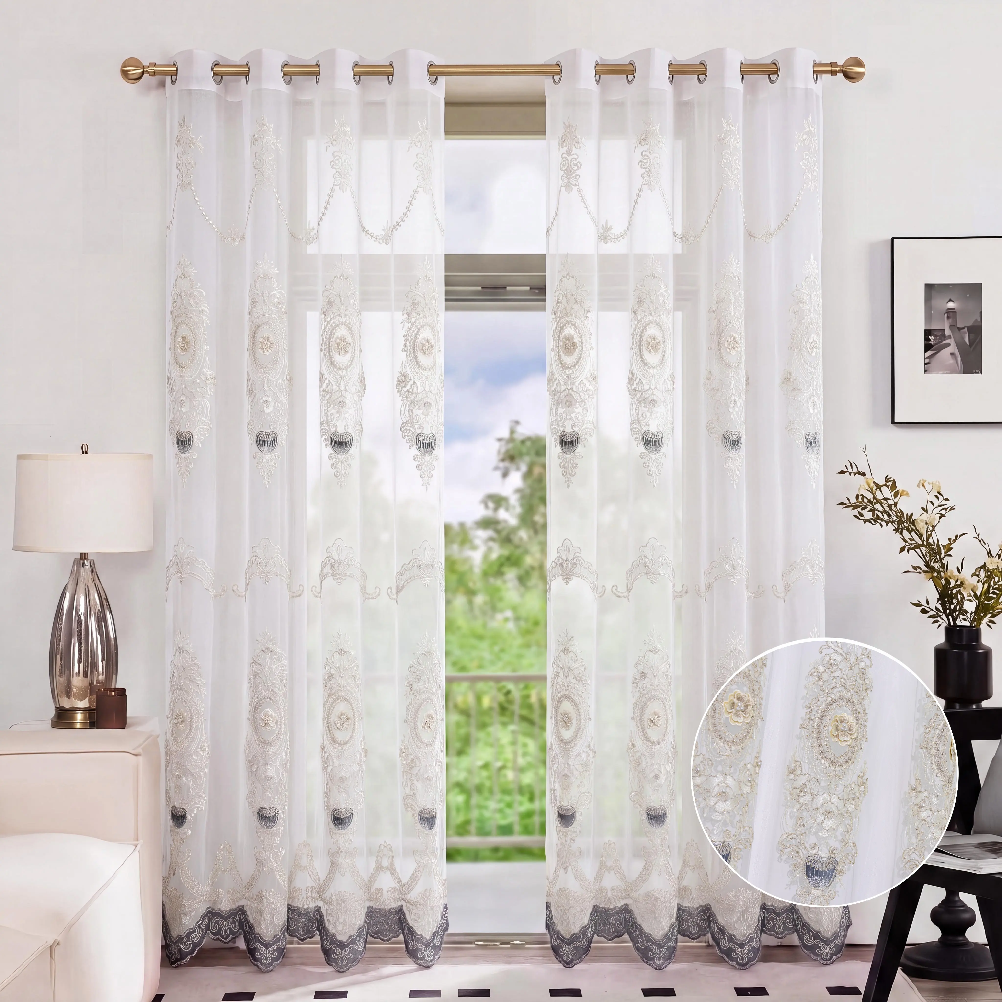 Luxury 2-Panel Embroidered Flower Grommet Curtains, 52x90 in Wedding Fabric with Flocking, Sheer Privacy-Enhancing Lightweight Home Indoor Drapes, Premium for Bedrooms Living Rooms QF78