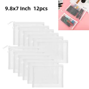 12pcs 9.8x7in Mesh Zipper Pouch Bags, A5 Zipper Bags for Organizing Storage, Waterproof Zipper Pouches, Letter Size, File Bags for School, Toys, Puzzle, Board Games and Office Supplies,Car Interior Accessories Organiser Smooth White
