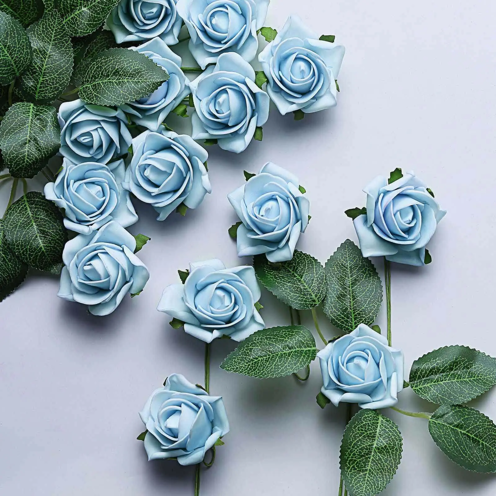 Dusty Blue Artificial Roses Bouquet (24 Pcs, 2" Foam Flowers with Stem Wire, Leaves) - Decorative Artificial Floral Arrangements for Home Decor, Gift Wrapping, DIY Projects, Floral Decor Ornaments, Neutral