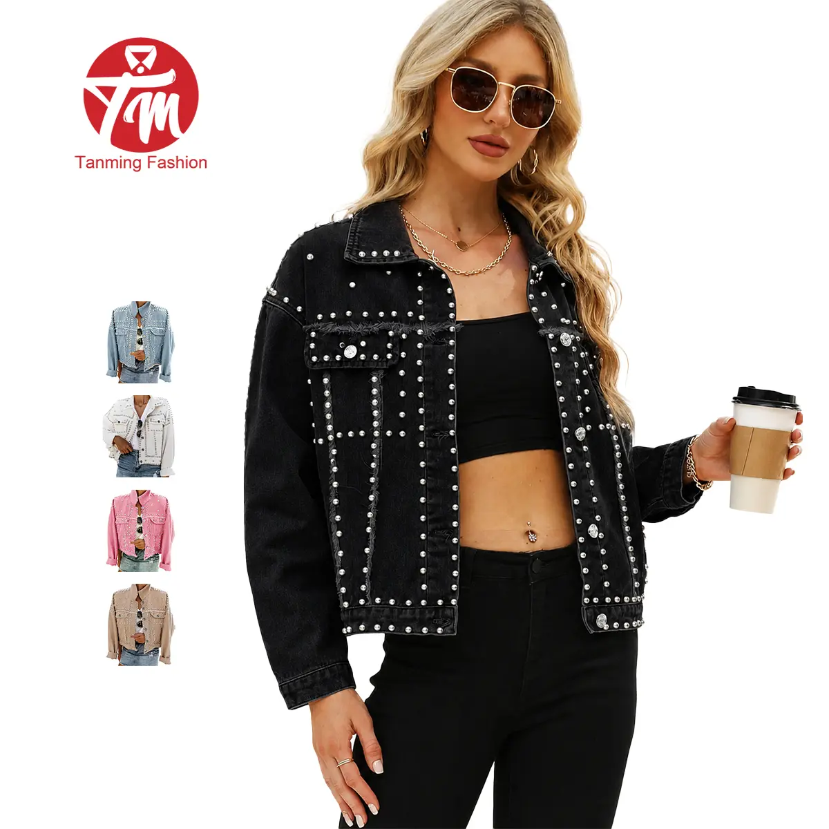 Tanming Women's Western Denim Jacket, Rhinestone & Pearl Studded Distressed Long Sleeve Button Down Coat with Pockets, Coats, Outerwear