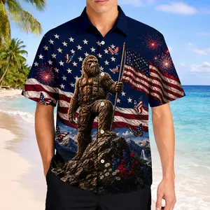 Bigfoot Hawaii Shirt, Sasquatch 4th Of July Button Down, USA 250th Anniversary Tropical Shirt, Independence Day Gift