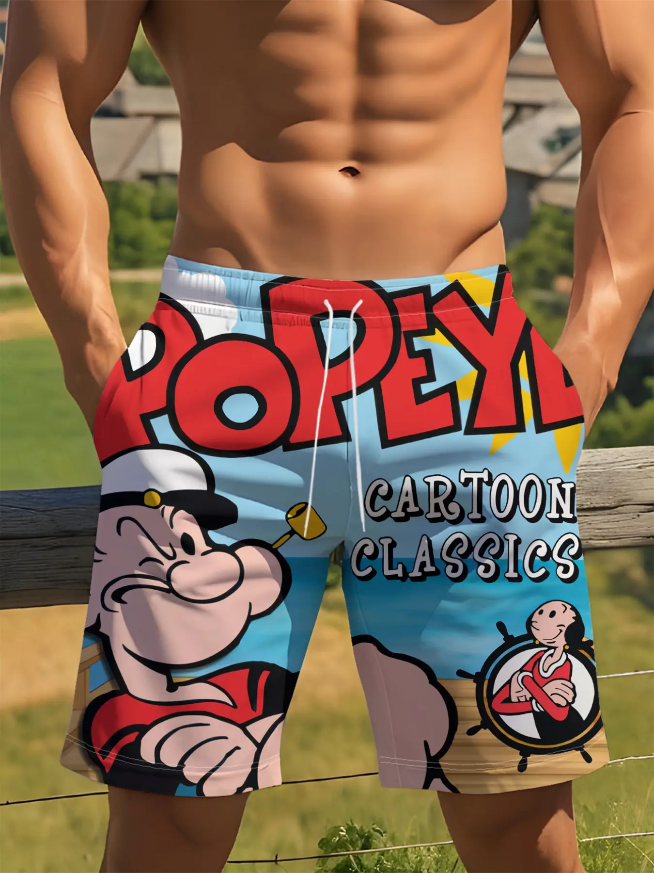 Men's Popeye Pattern Beach Summer Swim Trunks, Lightweight Quick-Dry Vintage Cartoon Print, Pool Vacation Wear Swimming Trunks