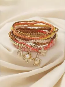 9-Piece Summer Casual Bracelet Set, Beaded Bracelets, Turtle, Starfish, Faux Pearl, Shell Pendants, Elastic Band, Beach Party Date Daily Wear