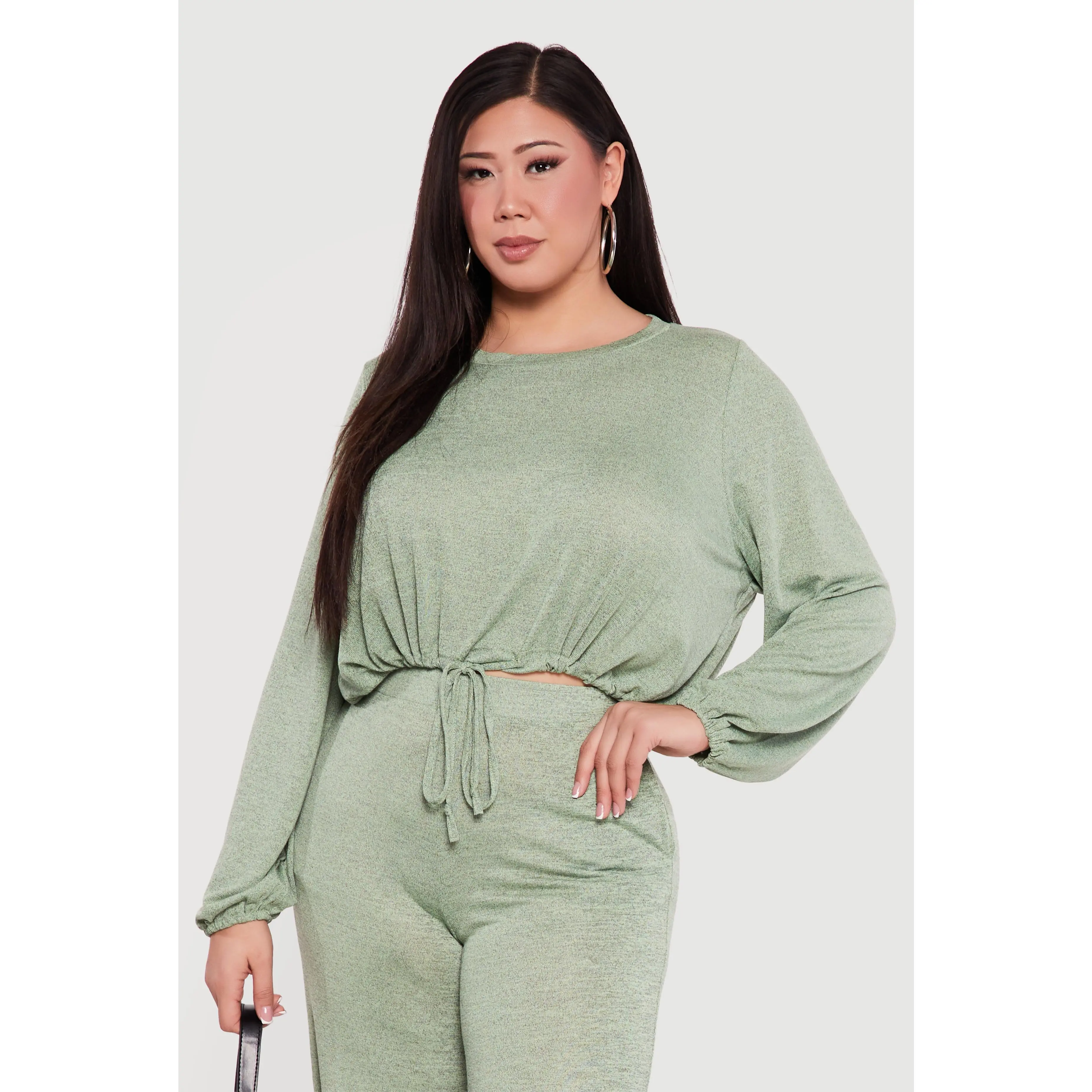Plus Size Drawstring Hem Long Sleeve Crop Top