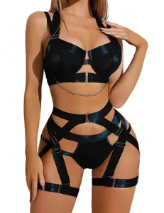 Gothic Halter Neck Lingerie Set, Women's 3-Piece Aesthetic Satin and Lace Bra with Chain Garter Harness and Red Stockings