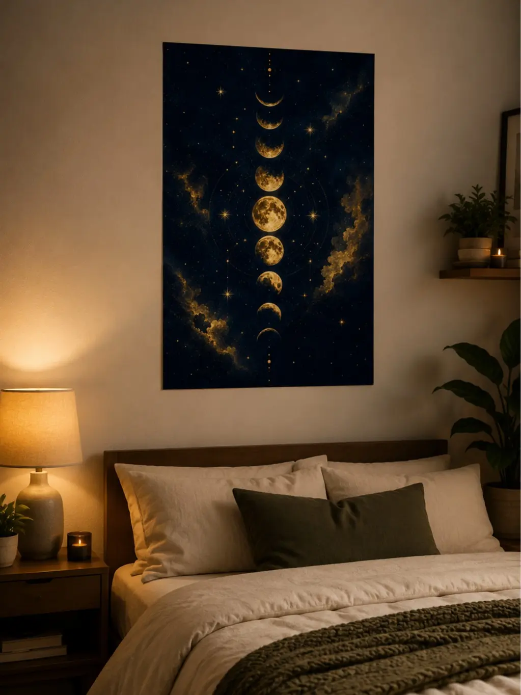 Golden Moon Phases Satin Poster | Celestial Wall Art, Night Sky Print