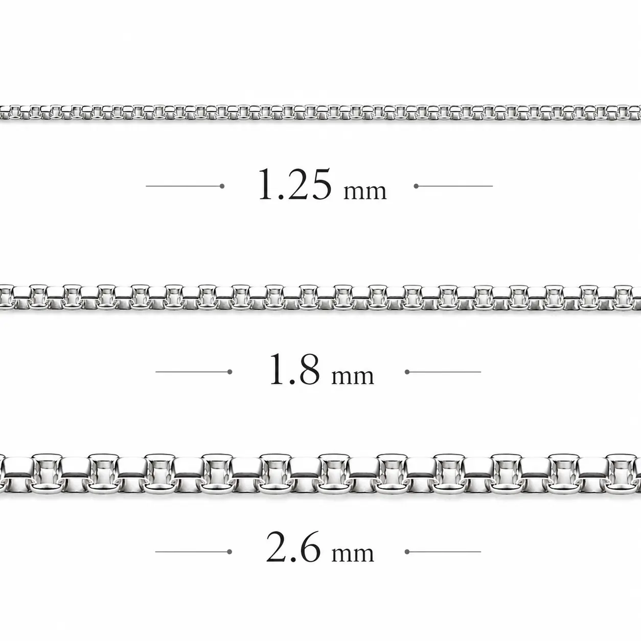 Half Round Box Chain Rhodium Plated 925 Sterling Silver Italy 1.25-2.6mm