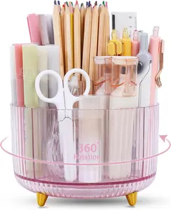 Rotating Pencil Pen Holder, Pen Organizer with 5 Slots - Aesthetic Desk Organizer and Accessories for School, Home, Office Supplies