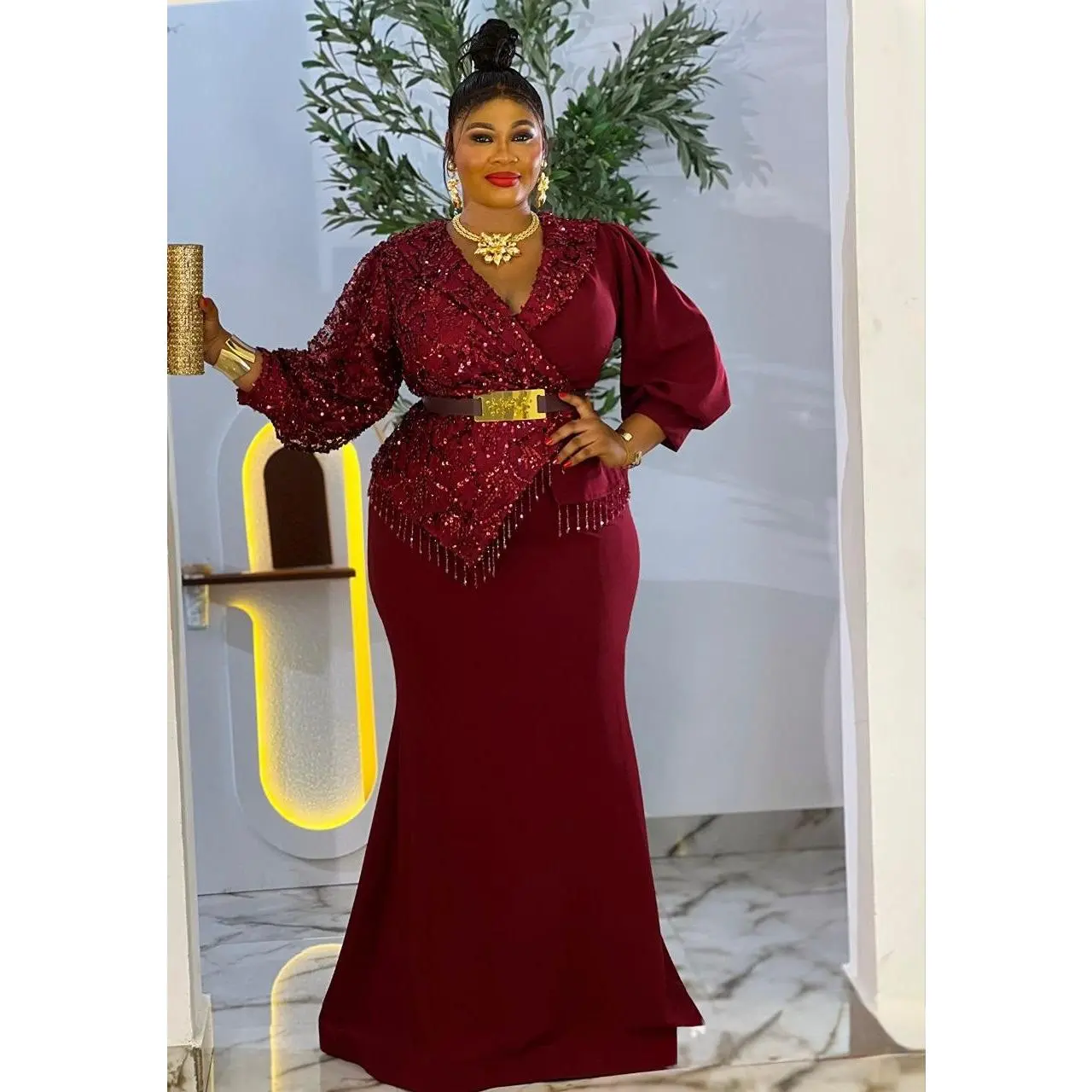 Fabulous Burgundy Sequin Beaded Peplum Mermaid Dress for Wedding Birthday Gala Church Anniversary Mother of The Bride Outfit