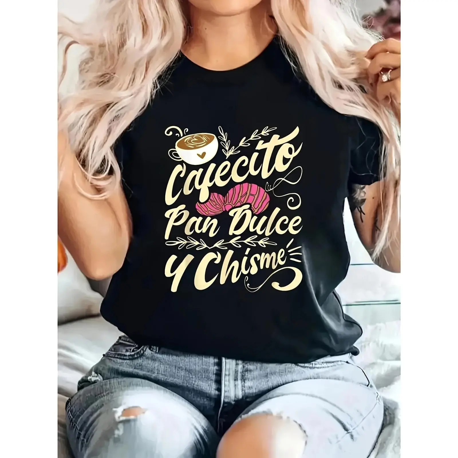 Women's Latin-Inspired Cafecito Pan Dulce & Gossip Fitted Cotton T-Shirt, 1-Piece Streetwear Essential - Breathable Shortsleeve Round Neck Everyday Casual Summer Top with Digital Print Coffee Cup & Floral Design, 95%-5% Fabric Blend, Soft Cotton, Basic