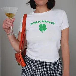 [Sale Up To 50%] St. Patrick's Day Baby Tee, Public Menace, Beer Shirt, St Paddys Day Top, Kiss Me Im Irish Y2K Style, Saint Patty Parade, Sorority Tee