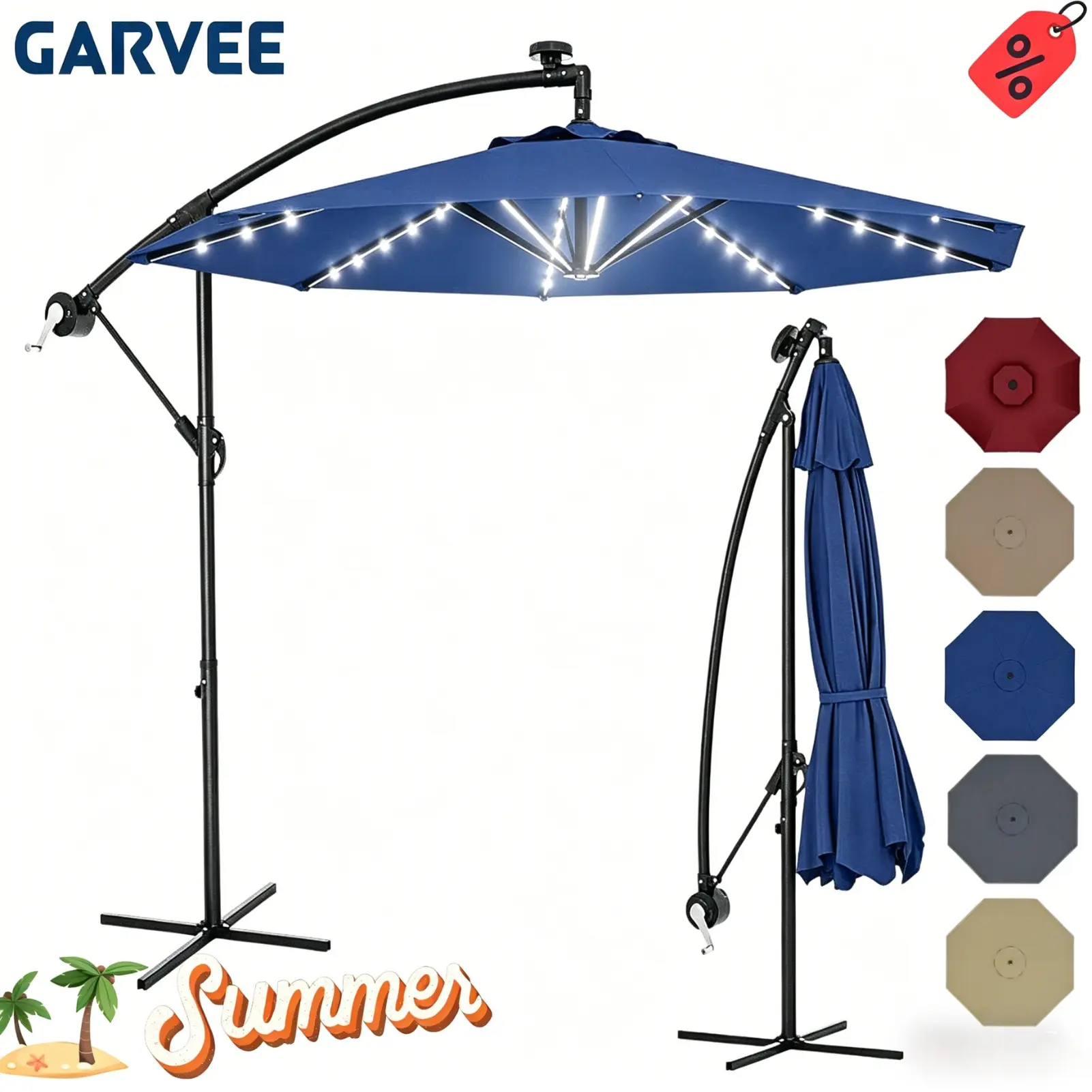 Garvee 10FT Cantilever Offset Patio Umbrella | Solar LED Lights, Cross Base & Infinite Tilt, Large Outdoor Shade Umbrella for Backyard Garden Pool Lawn