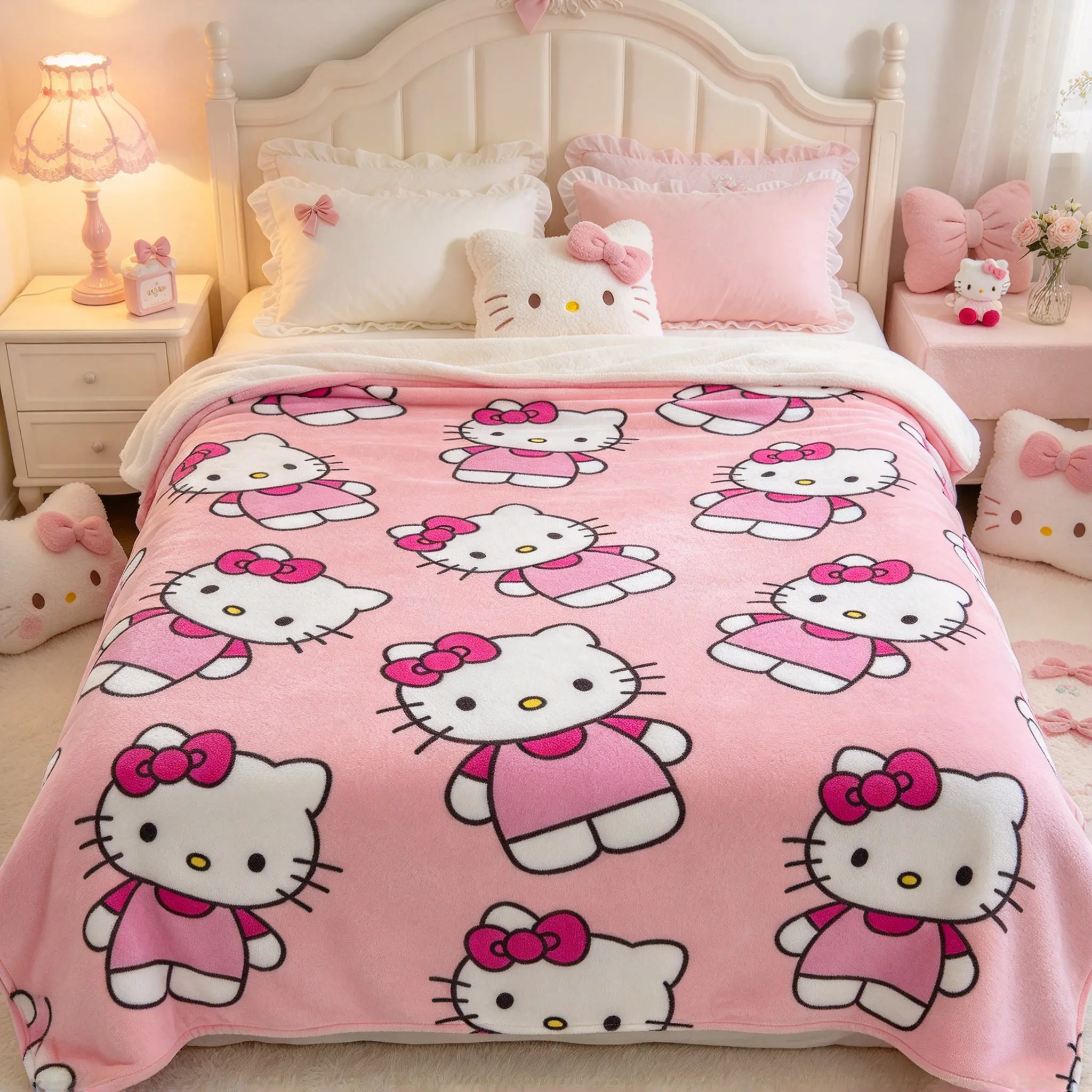 Sanrio Cute Pink Hello Kitty Full Print Plush Blanket Soft Lightweight Throw for Bedroom Living Room Trendy Cozy Decor