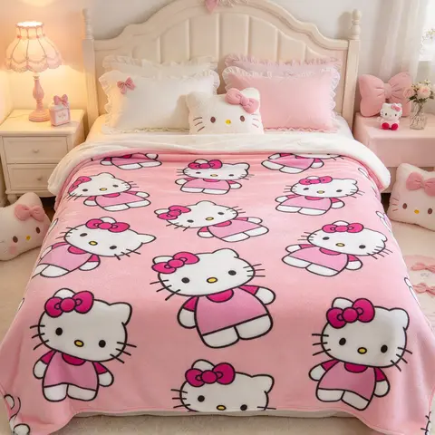 Sanrio Cute Pink Hello Kitty Full Print Plush Blanket Soft Lightweight Throw for Bedroom Living Room Trendy Cozy Decor