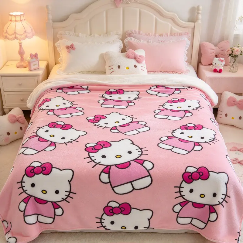 Sanrio Cute Pink Hello Kitty Full Print Plush Blanket Soft Lightweight Throw for Bedroom Living Room Trendy Cozy Decor