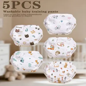 5-Pack Baby Training Pants Washable Cloth Diapers, Side Leak Proof, Unisex Animal Print, 0-3 Years Old, Toddler Potty Training