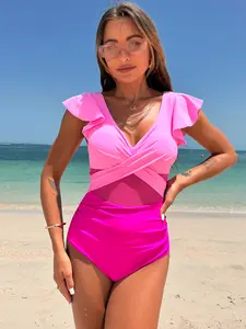 Women's Solid Color Ruffle One-Piece, Perfect for Summer Beach Vacation, Fashionable Slimming Swimwear, Casual Swimsuit, Ruffle Twist Swimsuit, Swimsuit Style