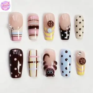 Kawaii Monkey Press On Nails, Pastel Plaid Polka Dot Chocolate Nail Art, Kawaii 3D Korean Style Glossy Fake Nails, Handmade Reusable Coffin Nails, Soft Girl Y2K