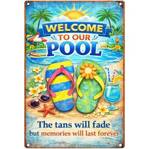Pool Metal Sign Decor Pool Decorations Outdoor - Welcome To Our Pool, Memories Last Forever Summer Welcome Sign Poolside Backyard Deck Accessories 8x12 Inch