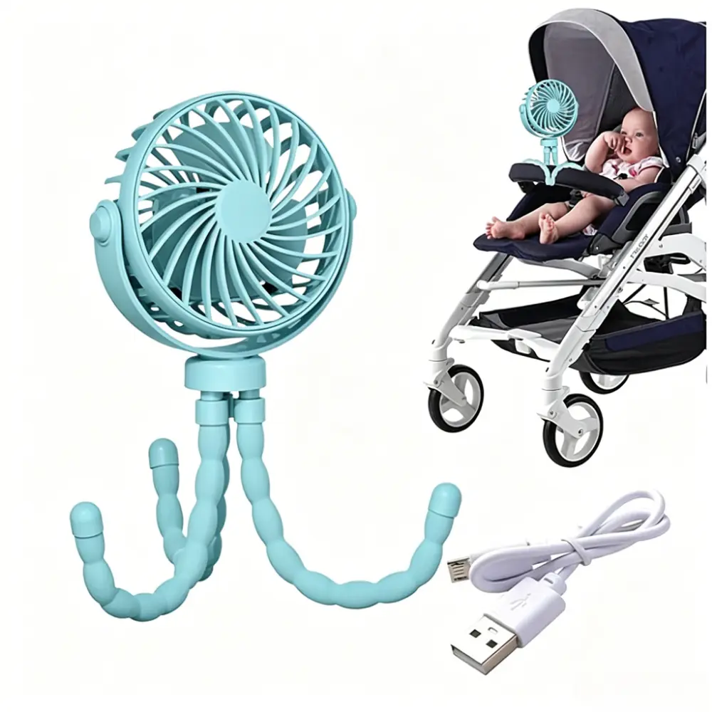 Octopus Stroller Clip Fan with Night Light, 3 Speed Mute Mini Baby Fan, 500mAh USB Rechargeable Portable Cooling Fan, Anti-Pinch Safe Fan for Crib Car Travel