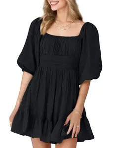 ZEAGOO  Womens Summer Dresses Tie Back Lantern Sleeve Square Neck Ruffle A-Line Casual Midi Dress, Black, Large