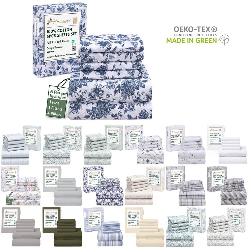 Ruvanti 100% Cotton Percale 6 Pcs Sheet Set – Ultra Soft Hotel-Quality Bedding with Deep Pockets, Breathable, Elegant Design, Soft Touch, OEKO-TEX Certified