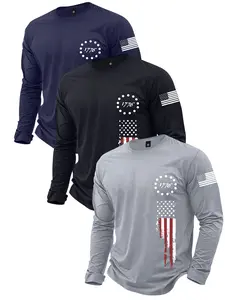 3pcs Men's Spring Autumn T-Shirt Set Long Sleeve American Flag Printed Patriotic Thin Tee Fashionable Versatile Basic Casual Round Neck Top for Daily Workout Street Style