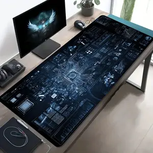 1This large-sized e-sports game mouse pad features a futuristic abstract pattern with a technology circuit board data interface. It is a large anti-slip and washable rubber bottom desk pad and office desk accessory. It is also a computer decoration access