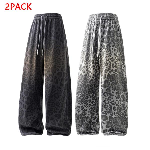 2PACK Men's Soft Gradient Leopard Print Wide Leg Pants, Casual Drawstring Baggy Trousers, Perfect for Street, Skate, Daily & Streetwear