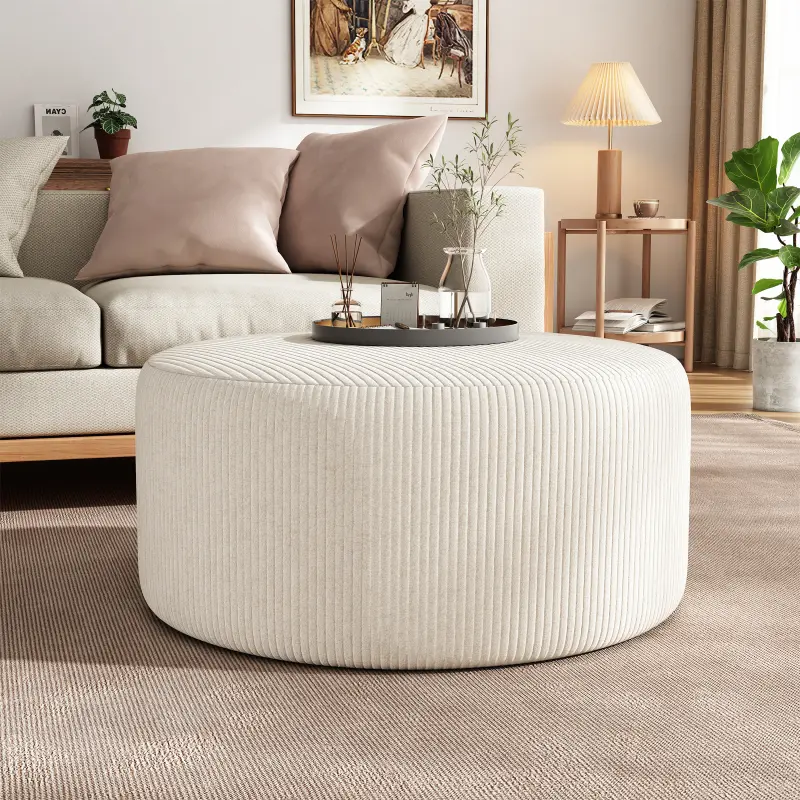 Beige Corduroy Upholstered Round Ottoman - Upholstered Stool for Minimalist Living Room Indoor Furniture