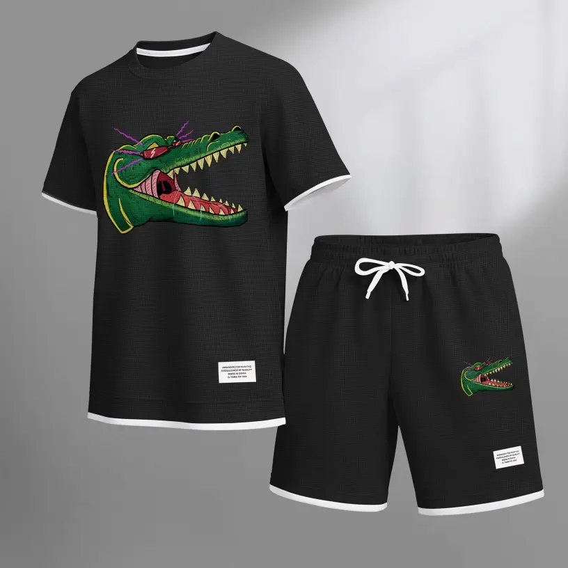 Men's Cartoon Crocodile Head Graphic Waffle Fabric Shorts Set, Casual Short Sleeve Shirt and Shorts Two-Piece Outfit, Textured Summer Set for Daily Wear, Lounge, Vacation, and Outdoor Activities