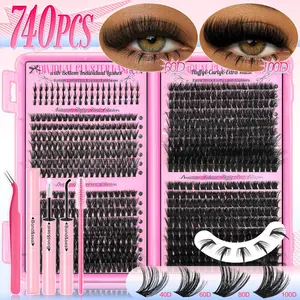 740pcs Natural Curly Lashes Clusters with Glue & Tweezer | 9-16mm D Curl Volume & Thick Fluffy False Eyelashes Kit for Beginners - 40D/60D/80D/100D Cat Eye Lashes Extensions Set with Bottom Lash Cluster
