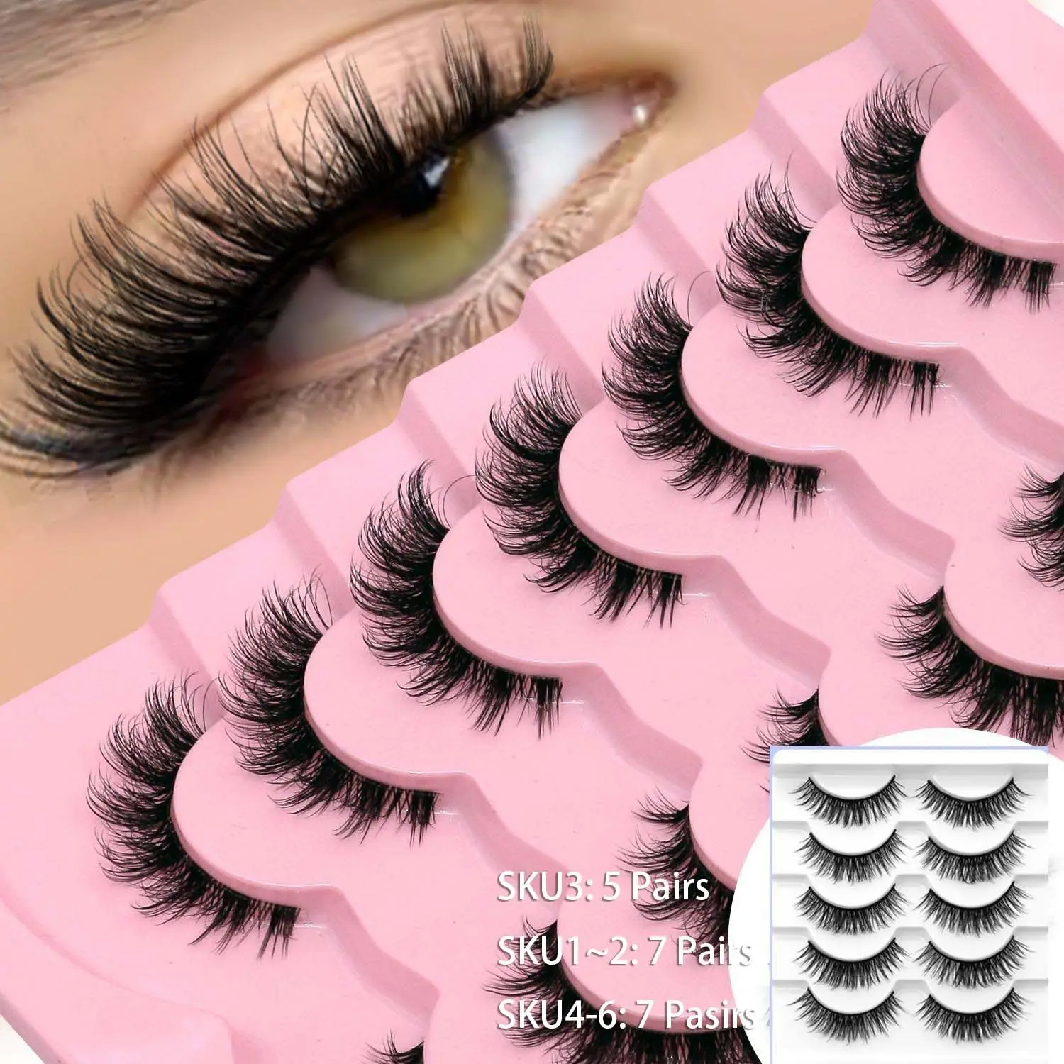 GROINNEYA 5 Pairs / 7 Pairs Fox Eye Lashes 3D Volumized False Eyelashes Wispy Effectt Soft Lightweight Eyelashes Natural Cross Volume Faux Mink Eyelashes, Longer Looking Eyelashes, Matches all makeup styles,Suitable For Party And Date