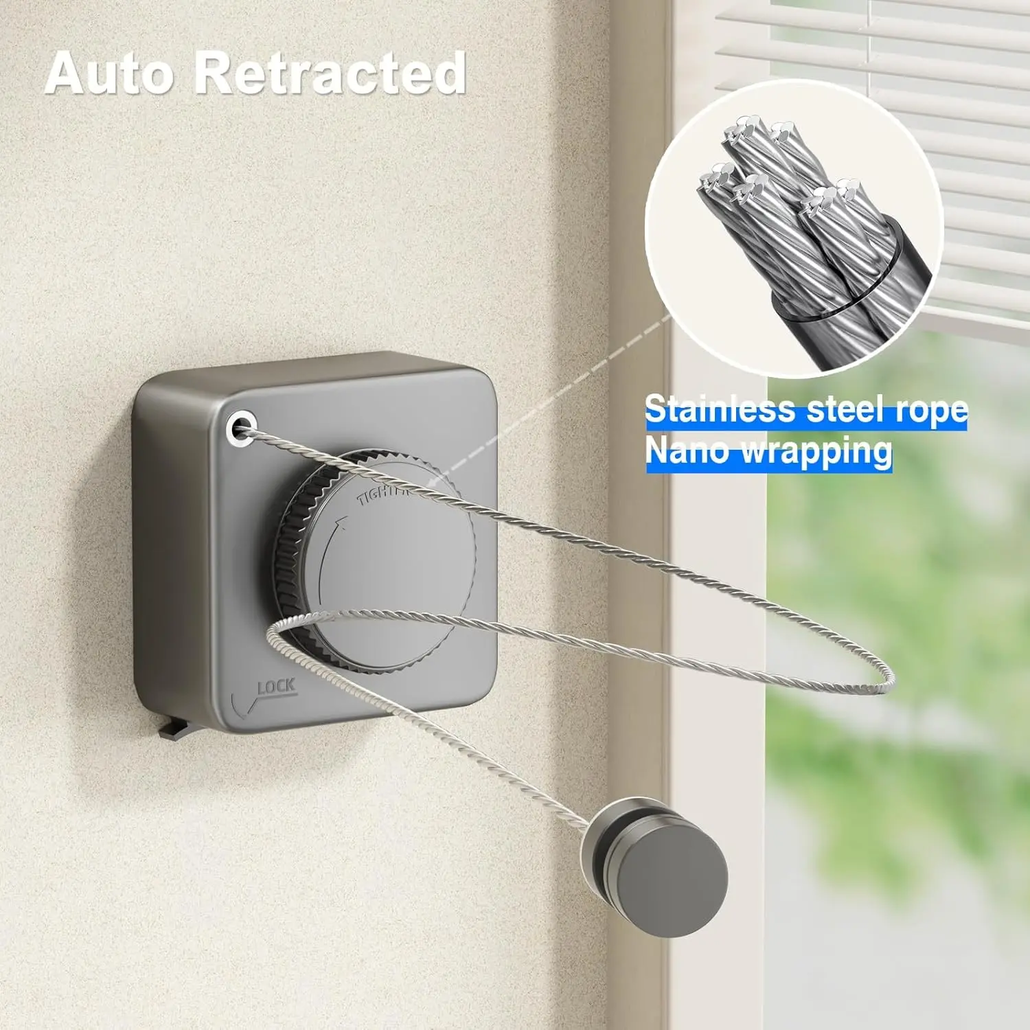 Expandable Clothesline Rope, Household Invisible Clothesline, Stainless Steel Laundry Line, Non-Drip Wall-Mounted Drying Rope, Indoor Outdoor Use, 15.1 Feet, Wall Mounted Clotheslines
