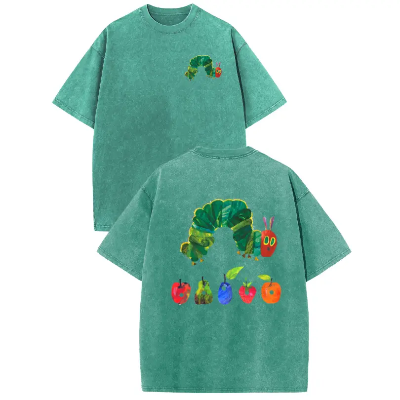 Nostalgic Caterpillar Graphic Tee, Retro Acid Wash Shirt for Men, Heavyweight Cotton Streetwear with Front and Back Print Tropical Operator y2k sohochic