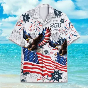 Patriotic 250 Years USA Hawaiian Shirt, Bald Eagle Fireworks Style Tropical Short Sleeve Shirt, Summer Aloha Button Down Shirt, Gift for Him or Her