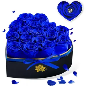Forever Blue Roses in a Box Heart Shaped 16 Preserved Flowers for Delivery Grade A Quality 100% Real Immortal Flower Eternal Birthday for Her Mom Women Wife Girlfriends (Heart-Blue)