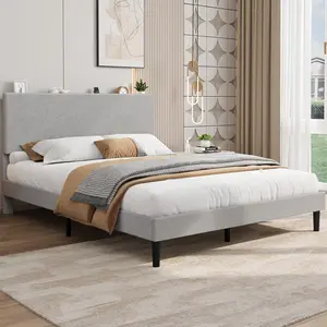 Gaomon Queen Size Corduroy Upholstered Platform Bed Frame with USB Ports Charging Station, Adjustable Storage Headboard, Wooden Slats Support, No Box Spring Needed, Easy Quick Assembly, Gray