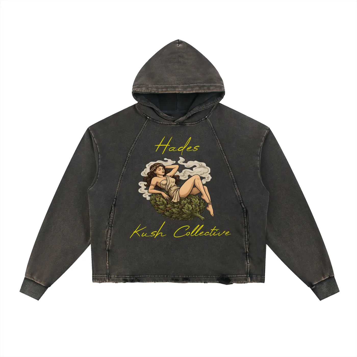 Kush Collective Vintage Washed Frayed-Hem Hoodie RW0015 Unisex Loose Fit Long Sleeve Autumn Winter Casual Sporty Streetwear Figure Print 88.5% Cotton 11.5% Polyester Thick Comfortable Feel Machine Washable 30°C
