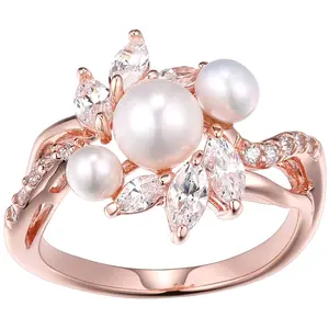 Diamonique 1.30 cttw Pearl Flower Ring, 18K Rose Gold Clad