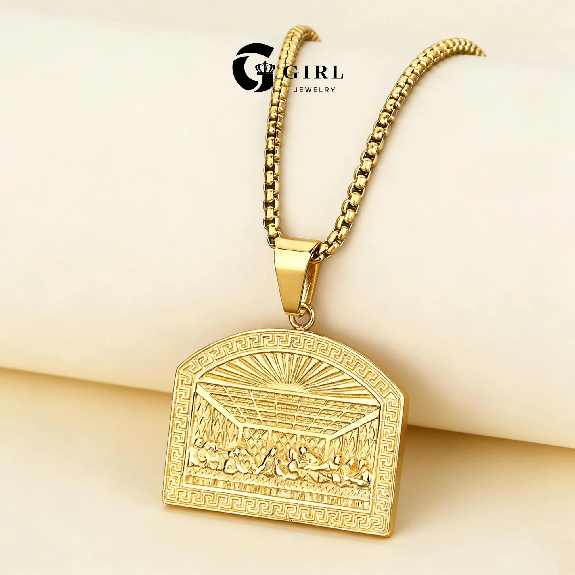 GGIRL 18K Gold Plated Last Supper Jesus Titanium Steel Pendant Hip Hop Basketball Chain Necklace Stainless Steel Fashion Jewelry For Men