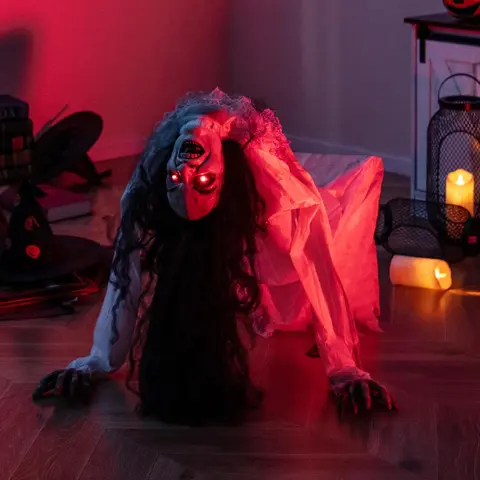 COSTWAY Halloween Animatronics, Sound & Button Activated, with Pre-Recorded Phrases, LED Glowing Red Eyes, Posable Head & Arms, Life Size Scary Decor, Ghost/Angel/Reaper/Witch/Greeter/Skeleton, Outdoor Yard Porch Decorations