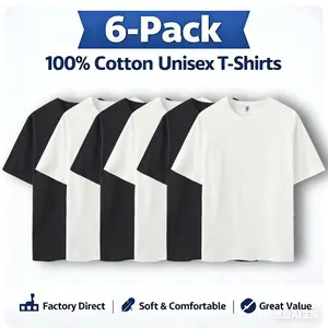 Pure cotton T-shirts, pack of 6, classic black and white set, direct from manufacturer, unisex | Soft and comfortable, solid color, round neck short sleeves, regular fit, suitable for everyday wear