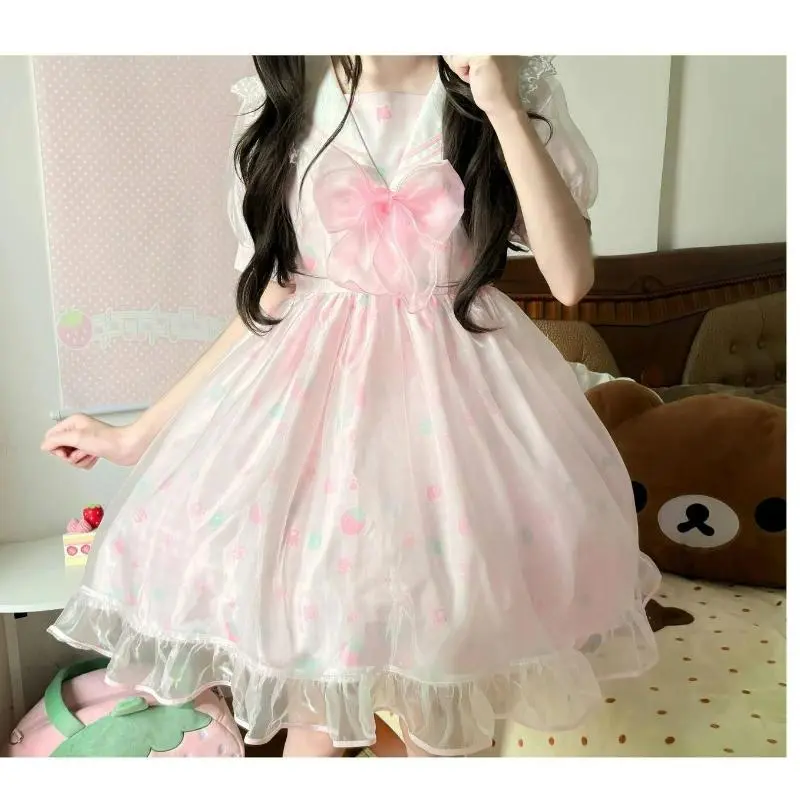 Japanes Kawaii Cute Lolita Dress Women Sweet Bow Sailor Collar Strawberry Princess Dresses Girls Harajuku Y2k Party Mini Dresses