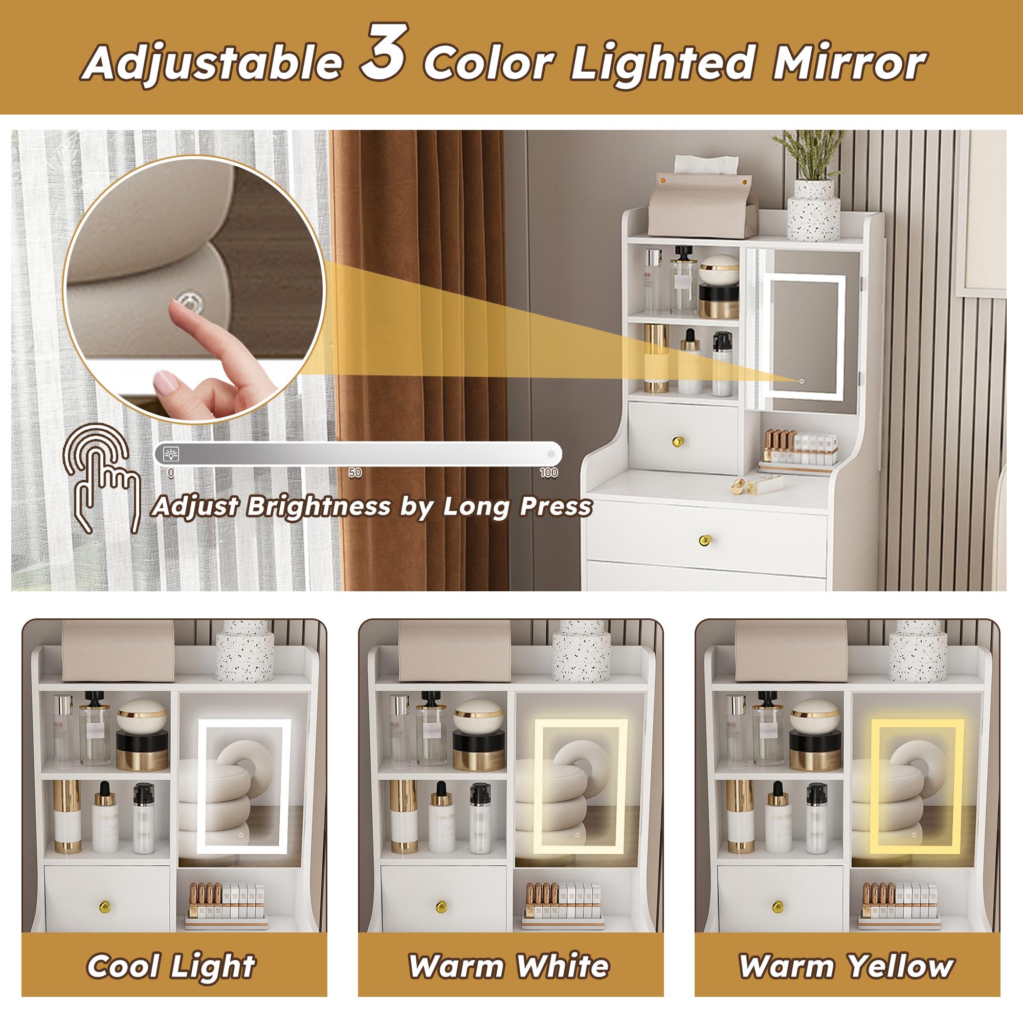 3-in-1 Vanity Desk with LED Mirror and Lights, Compact Makeup Vanity Table with 4 Drawers, Storage Cabinet, Hidden Stool & Shelves for Bedroom, Brightness Adjustable, White