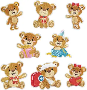 8 Pcs Cute Bear Iron on Patches Adorable Cartoon Bear Sew on Repair Embroidered Applique DIY Project Crafts Embroidery Gifts for Baby Kids Children Clothing Onesies Backpack Hat Shoes