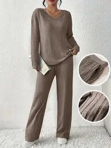 Women's V Neck Striped Pajama Set, Comfortable Plush Sleepwear, Elastic Waist Wide Leg Loose Fit, Fall Winter Home Clothes, Loungewear