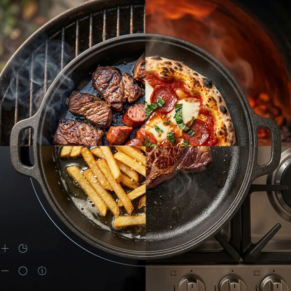 27.5cm Heavy-Gauge Uncoated Cast Iron Round Skillet Pan Cookware - Dual Flat-Bottom Griddle, Heavy-Duty Searing-Grade Even Heating, Multi-Surface Compatible, Campfire-Ready for Family Meals; Durable Pans & Woks for Outdoor, Indoor Cast Iron Cooking