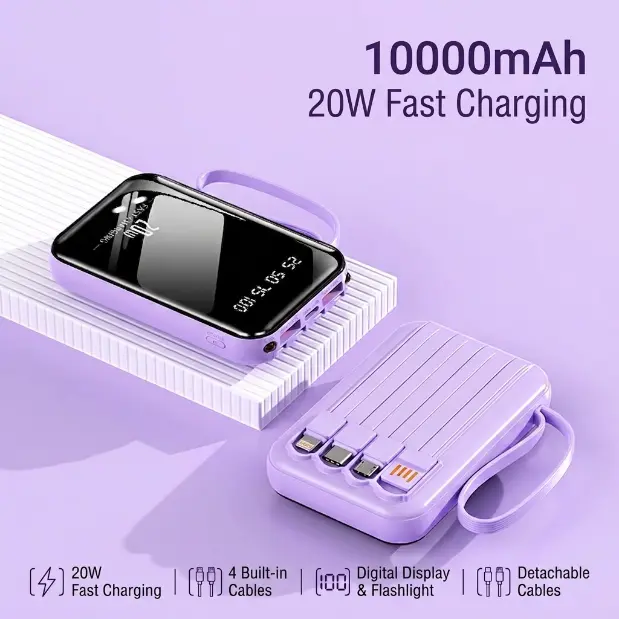 10000mAh Portable Charger 20W Fast Charging with 4 Built-in Cables, Smart Digital Display & Flashlight - For Travel, Office & Daily Commute